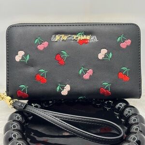 Betsey Johnson Black Wallet with Cherry Heart Embroidery